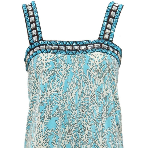 Tory Burch 100% Silk Crystal Turquoise Coral Print Mid-Length Dress/ M - Picture 3 of 9